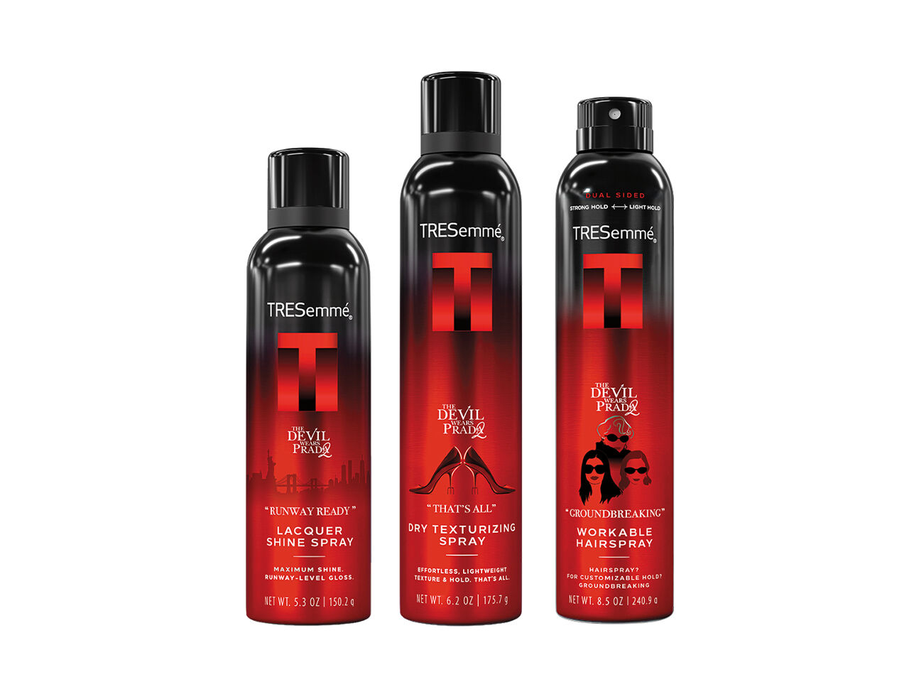 A trio of TRESemmé A-List Collection hairstyling products including Lacquer Shine Spray, Dry Texturizing Spray and Workable Hairspray in special-edition bottles featuring Devil Wears Prada 2 branding and movie quotes.