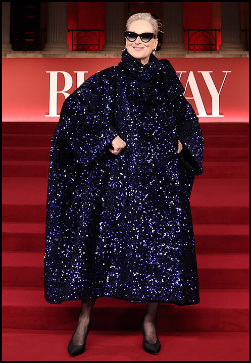 Meryl Streep showcases an oversized dress fully covered in navy sequins.