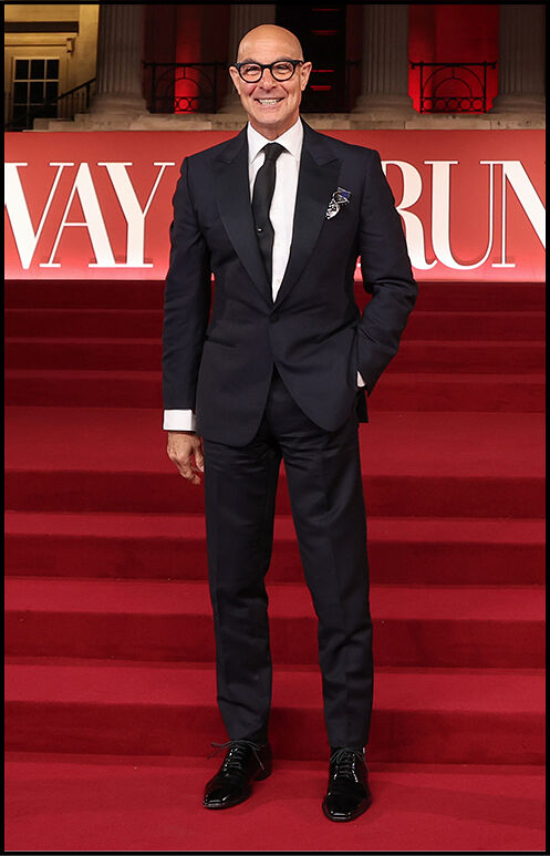 Stanley Tucci stands proudly on the red carpet wearing a black suit and tie with a decorative pocket square.