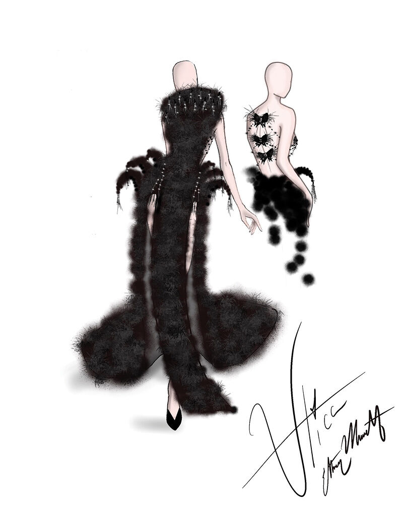 A design sketch of glamorous black feathery Old Hollywood-style dress with revealing leg slits and a bow back drawn and signed by drag artist Utica Queen (née Ethan Mundt).