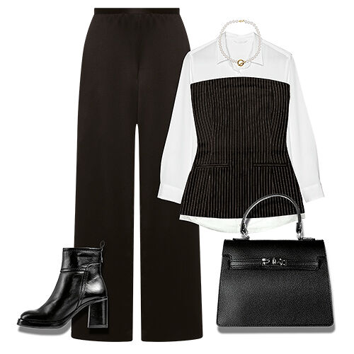 A complete look — black trousers, chunky black leather boots, briefcase purse, collared white button-up and a pinstripe corset — that can take you from the boardroom to the bar as it is as professional as it is practical and pretty.