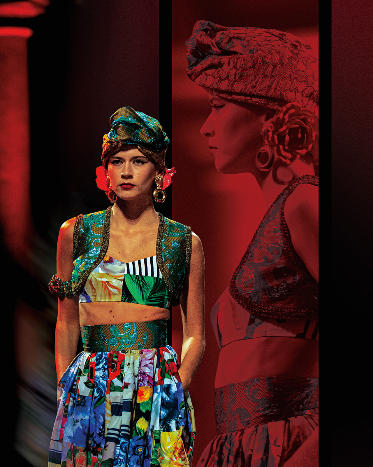 Genie or Milan Fashion Week model? The batik-inspired patchwork ensemble featuring a fashionable turban, gold earrings, an arm cuff, hair flowers and a shrunken cropped vest begs the question at the Runway magazine show in Italy.