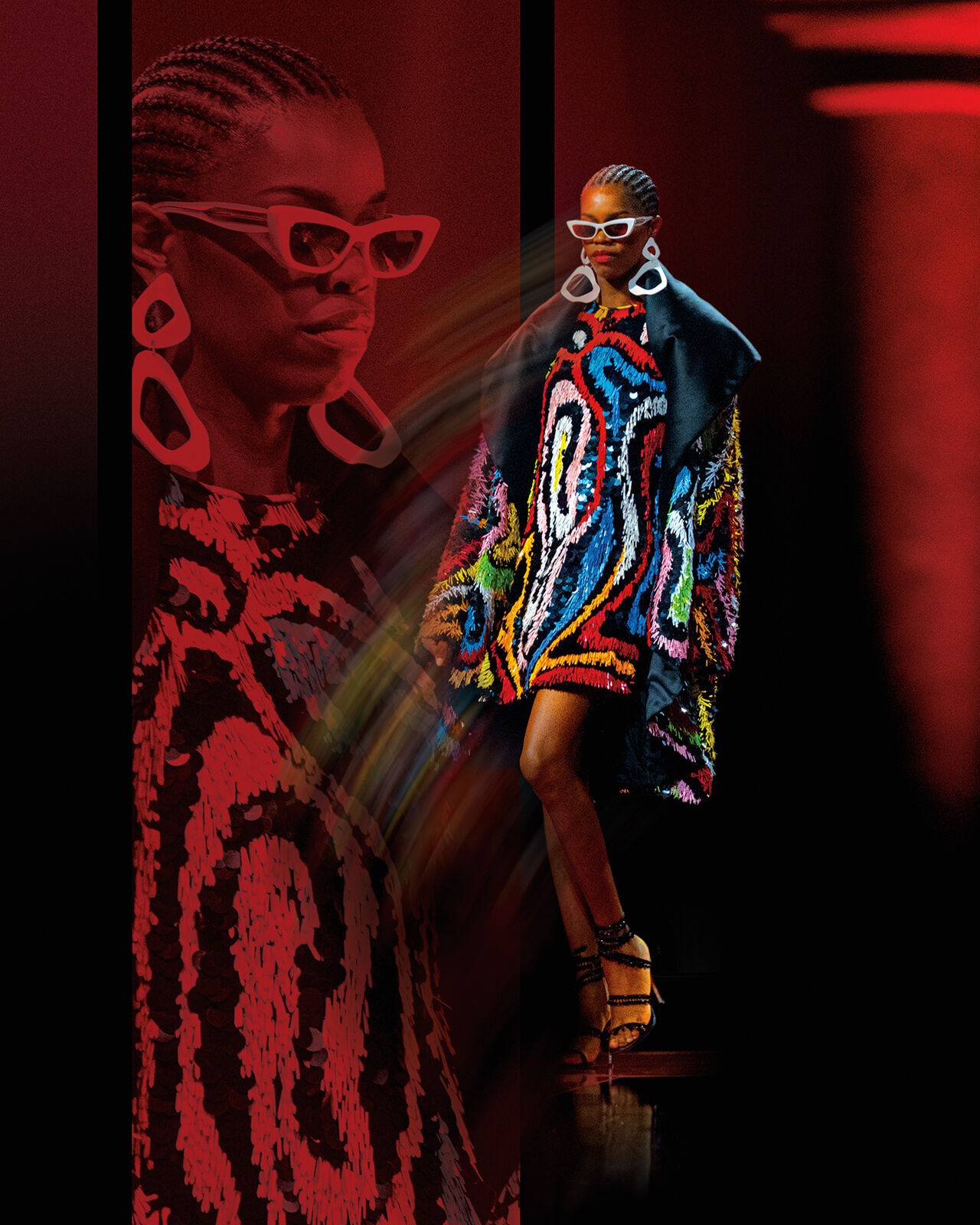 Oversized white accessories are paired with a wildly colorful and textured mini dress and matching coat on the runway of a Milan Fashion Week show. 