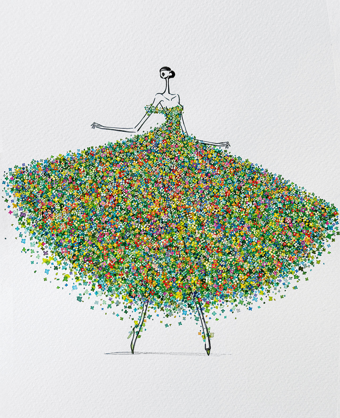 Seoul-born, Sydney-raised illustrator JaeSuk Kim, the creative behind the iconic Susu Girls, created an exclusive artwork for a story on fashion’s never-ending obsession with featuring florals in spring and summer collections. The drawing features a woman wearing an off-the-shoulder dress made of hundreds of tiny hand-painted flowers.