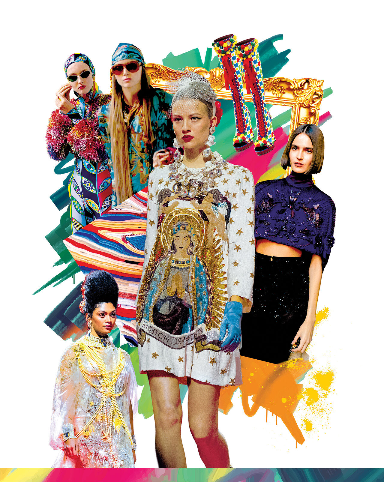 Lurid hues, jewel tones, statement headwear, garish prints, loud patterns, oversized accessories, glittery adornments, metallic details, fringe, feathers, sequins and pompoms — five models embrace the maximalism trend and demand to be noticed in a beige world.