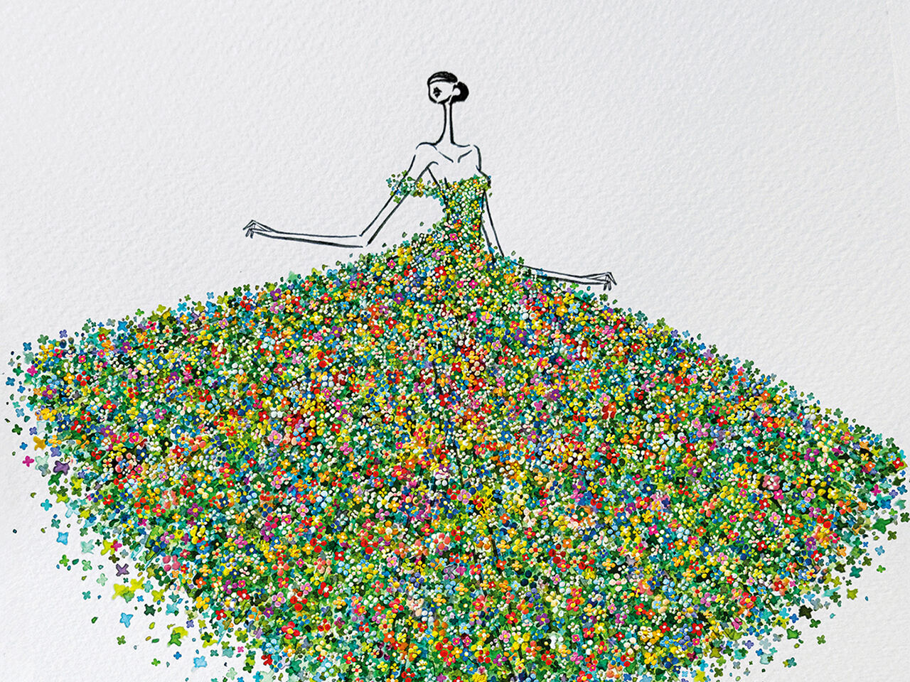 Seoul-born, Sydney-raised illustrator JaeSuk Kim, the creative behind the iconic Susu Girls, created an exclusive artwork for a story on fashion’s never-ending obsession with featuring florals in spring and summer collections. The drawing features a woman wearing an off-the-shoulder dress made of hundreds of tiny hand-painted flowers.
