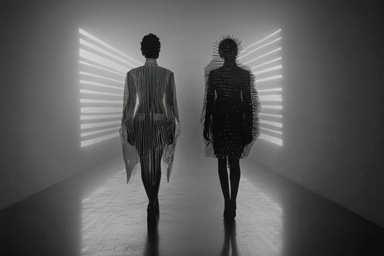 To illustrate an opinion piece on how fashion got in touch with its feelings, and whether that change is genuine or just another currency used to solicit hard work from underlings, two women stand with their backs to the camera in a dark hallway. One is covered in sharp thorns and the other is wearing a transparent layer.
