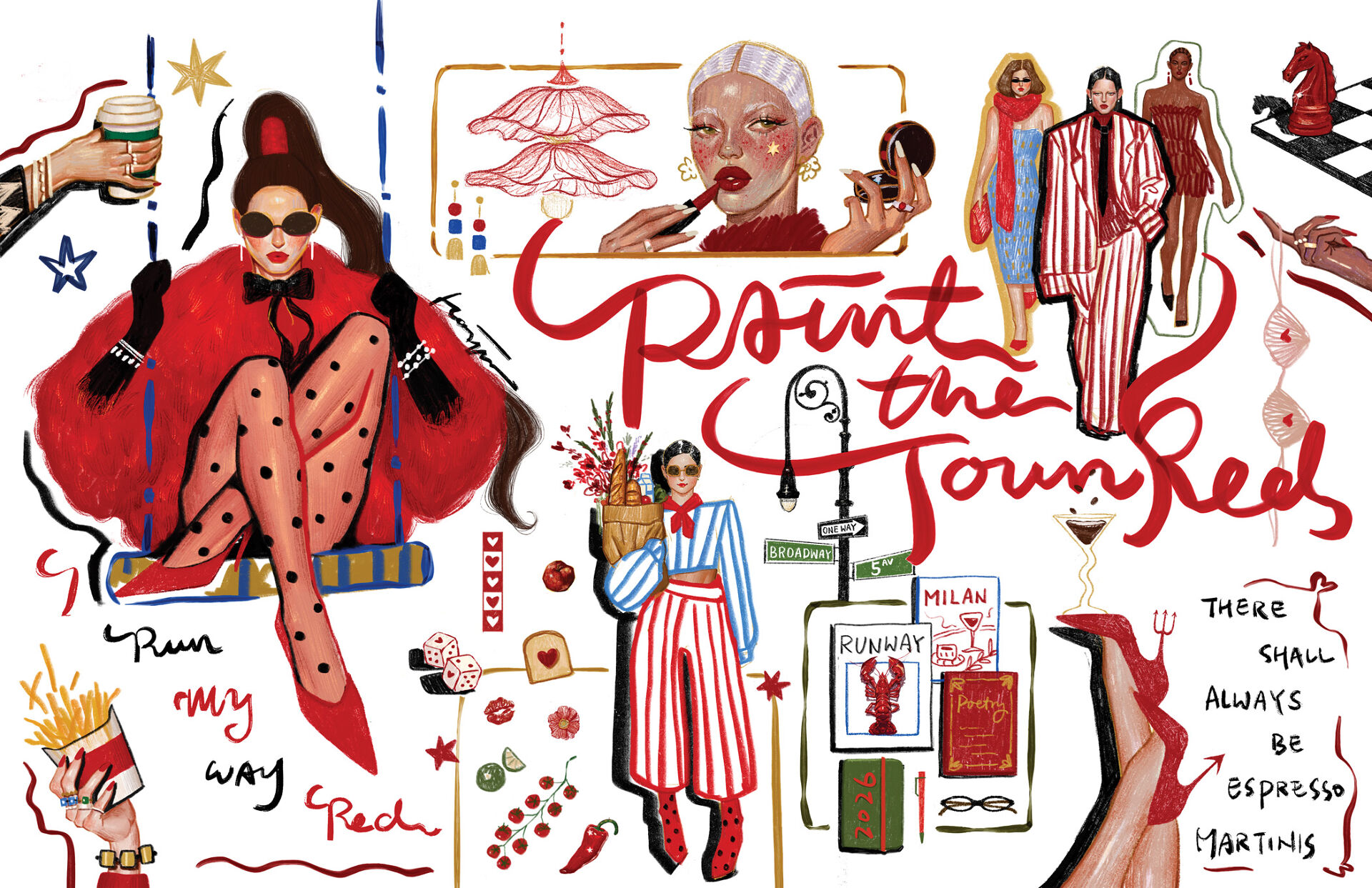 Illustration by Haojing Simota that examines red as a power color in fashion and everyday objects like makeup, Diet Coke cans, chess pieces, art, a box of French fries, jewelry and the iconic devil’s pitchfork stilettos from The Devil Wears Prada movie poster. 