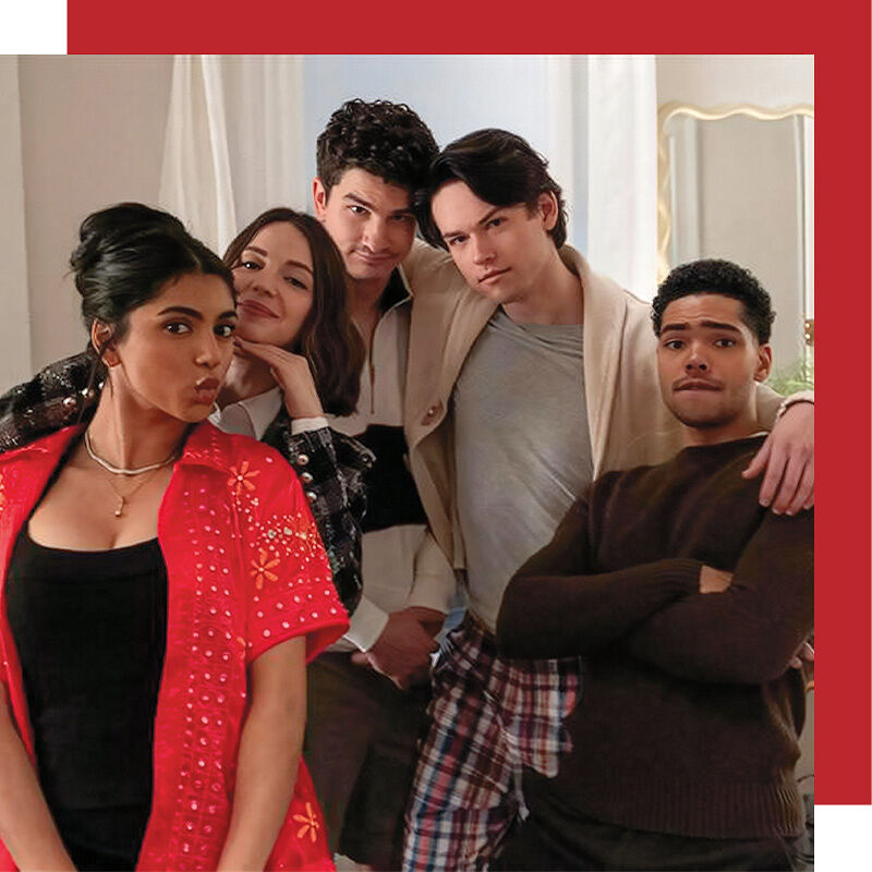 A cast photo from the upcoming Hulu Disney+ TV series Not Suitable For Work, which was created by Mindy Kaling and follows a group of five ambitious twenty-somethings at work and play in New York City.