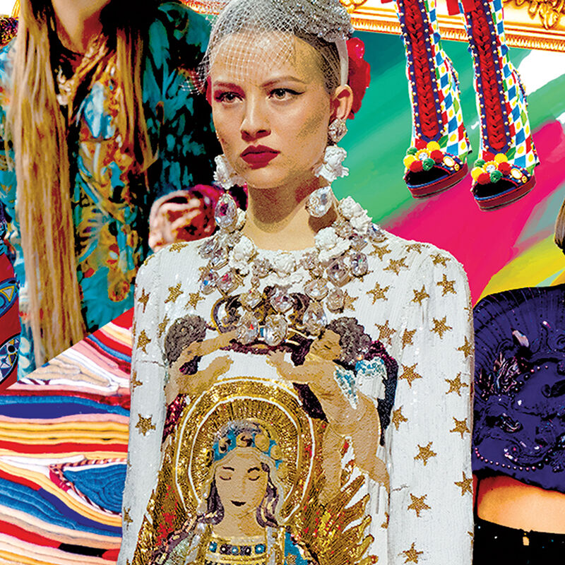 Lurid hues, jewel tones, statement headwear, garish prints, loud patterns, oversized accessories, glittery adornments, metallic details, fringe, feathers, sequins and pompoms — five models embrace the maximalism trend and demand to be noticed in a beige world. 
