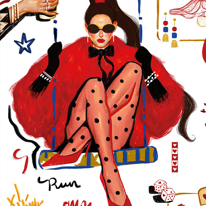 Illustration by Haojing Simota that examines red as a power color in fashion and everyday objects like makeup, Diet Coke cans, chess pieces, art, a box of French fries, jewelry and the iconic devil’s pitchfork stilettos from The Devil Wears Prada movie poster. 