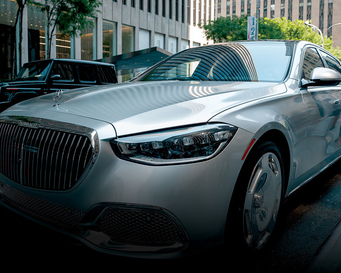A silver Mercedes-Maybach S-Class waits to roll into frame for a scene in The Devil Wears Prada 2, in which it was used as Miranda Priestly’s vehicle of choice.