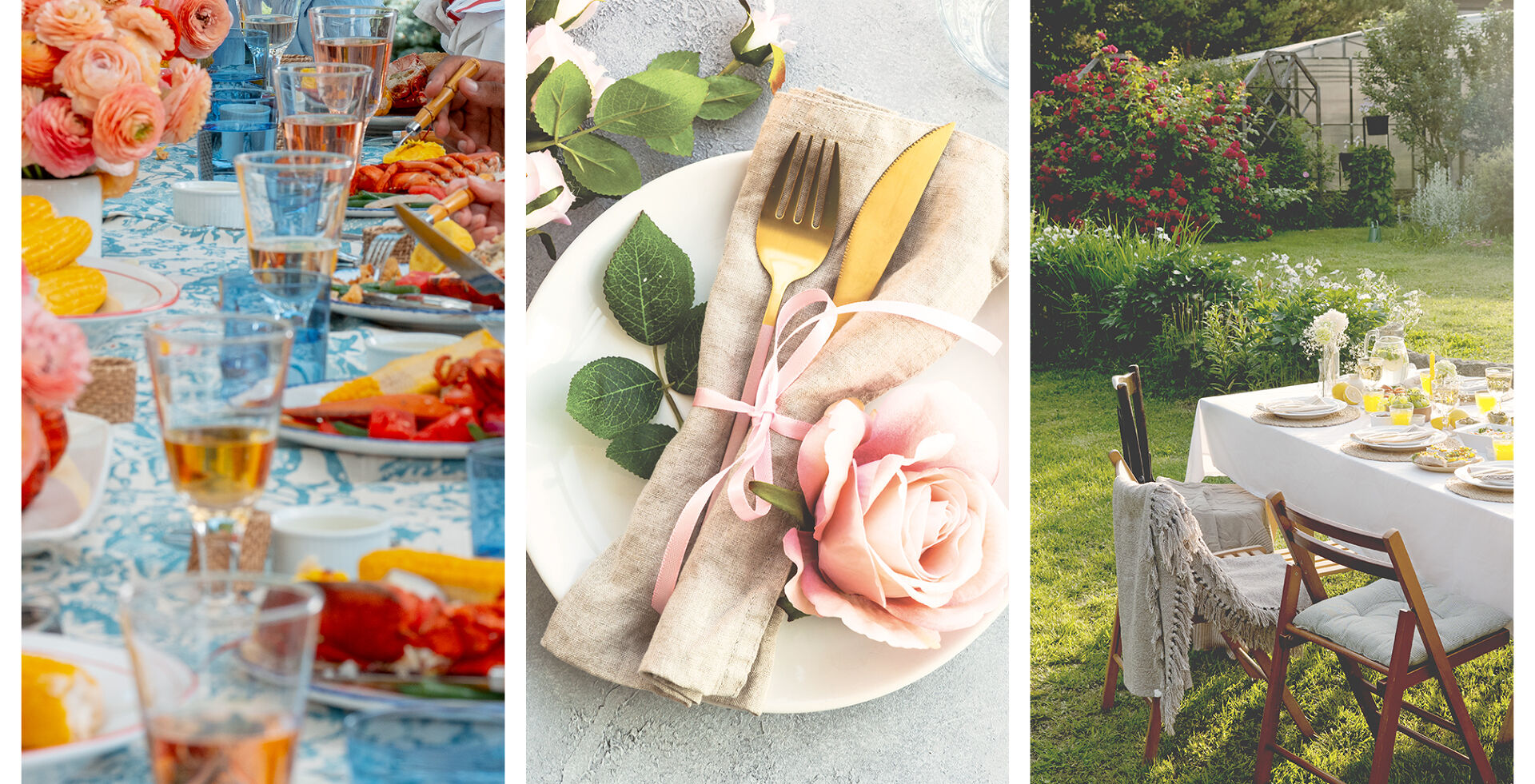 Collage including Miranda’s summer soiree dine on local lobster and corn on the cob, natural elements like flowers and leaves, or decorative ribbon, and a dining table is set up in the garden for guests.