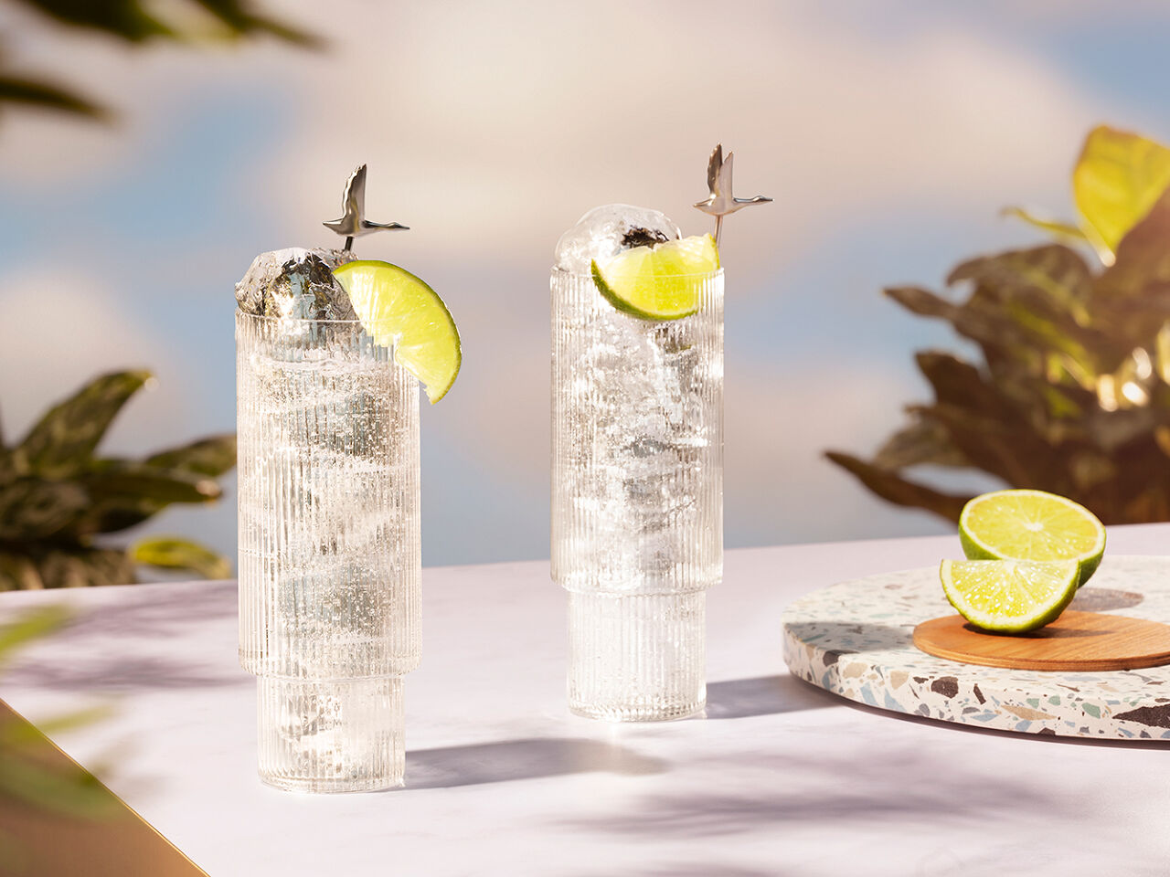 A bubbly highball garnished with lime wedges and silver bird decorations are the perfect accompaniment to a garden party like the one Miranda threw at her Hamptons home. 